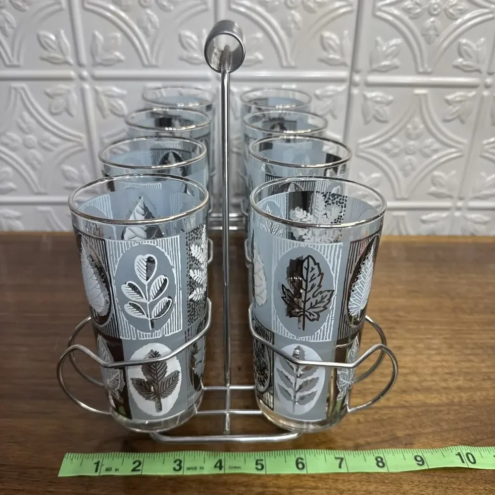 Set of 8 Vintage Libbey Highball Glass Tumblers w/ Metal Caddy Aqua Silver Leaf